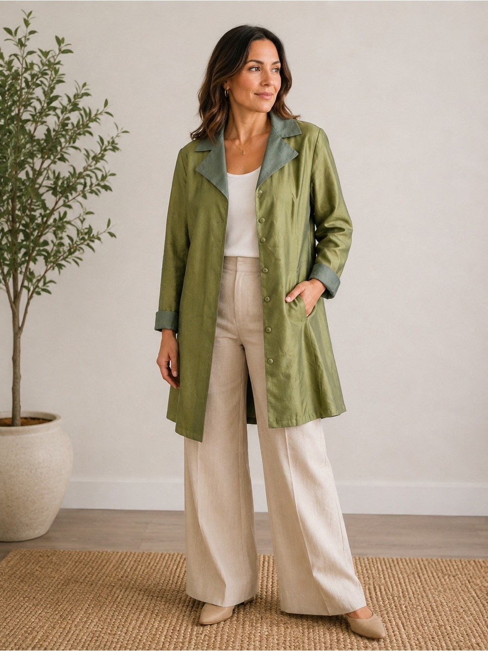 Jill McGowan Green Cotton-Silk Button Front Jacket